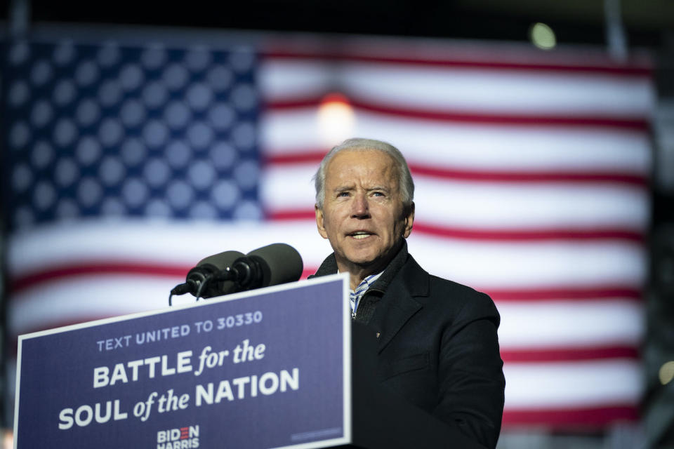 Democratic presidential nominee Joe Biden speaks during a drive-in campaign rally at Heinz Field on Nov. 2 in Pittsburgh, Pennsylvania. (Photo by Drew Angerer/Getty Images)