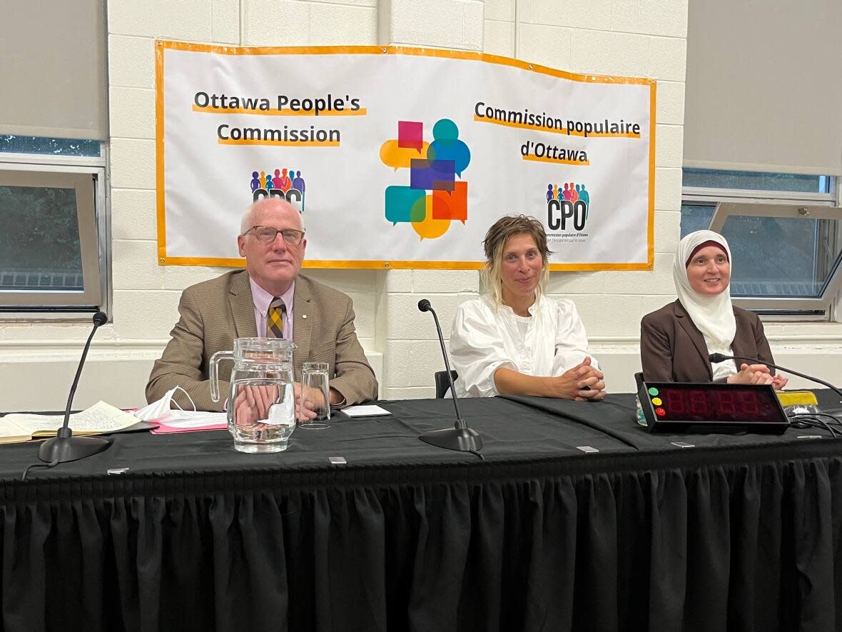 Three of the four commissioners of Ottawa People's Commission attended the first hearing, from left to right they are Alex Neve, Leilani Farha and Monia Mazigh. (Camille Kasisi-Monet/Radio-Canada - image credit)