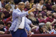 North Carolina head coach Hubert Davis directs his team during the second half of an NCAA college basketball game against Florida State, Saturday, Jan. 27, 2024, in Tallahassee, Fla. North Carolina defeated Florida State 75-68. (AP Photo/Colin Hackley)