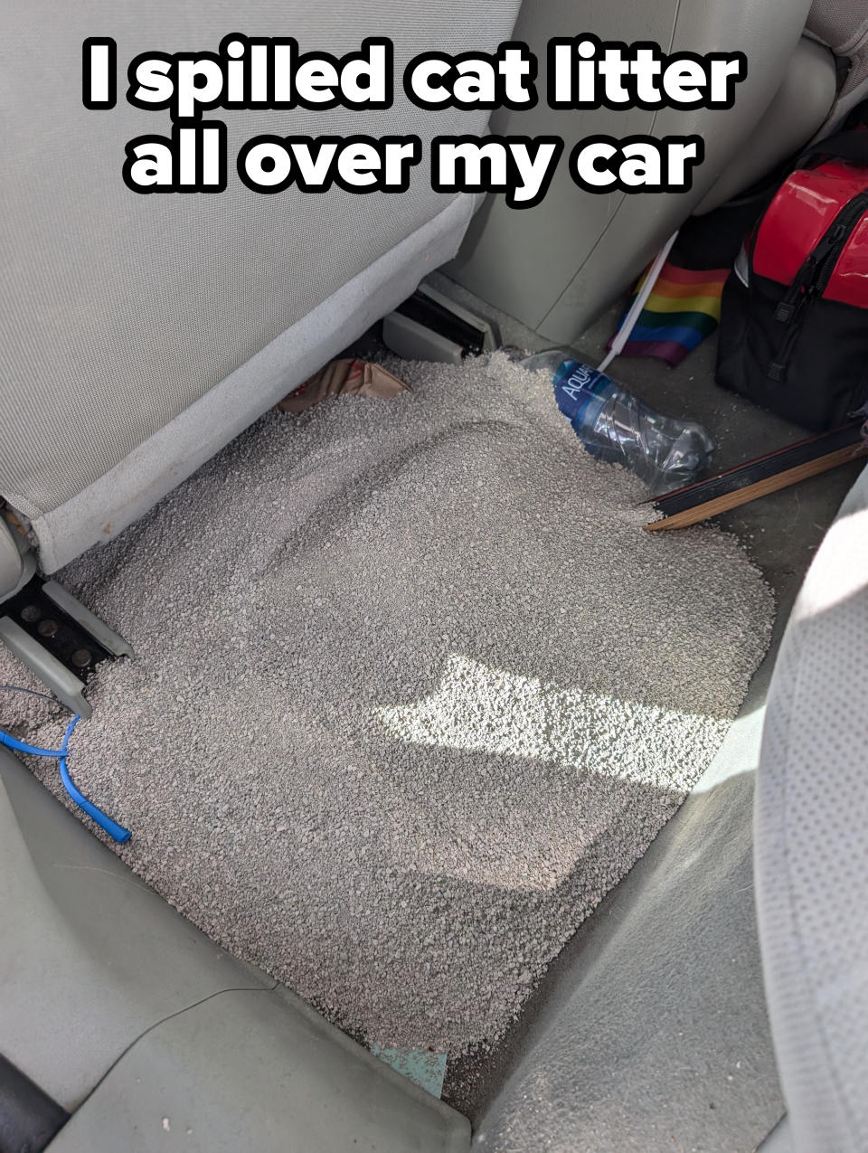 Cat litter spilled on a car's backseat floor, with a rainbow flag bag and a water bottle nearby