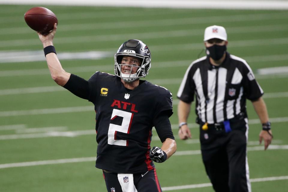 Atlanta Falcons quarterback Matt Ryan (2) throws a pass in the second half of an NFL football game against the Dallas Cowboys in Arlington, Texas, Sunday, Sept. 20, 2020. (AP Photo/Ron Jenkins)