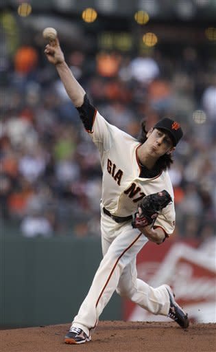 San Francisco Giants' Tim Lincecum works against the Arizona Diamondbacks in the first inning of a baseball game on Wednesday, May 30, 2012, in San Francisco. (AP Photo/Ben Margot)