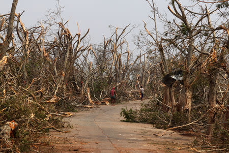 People walk past damaged trees following Cyclone Fani in Puri district in Odisha, May 4, 2019. REUTERS/R. Narendra