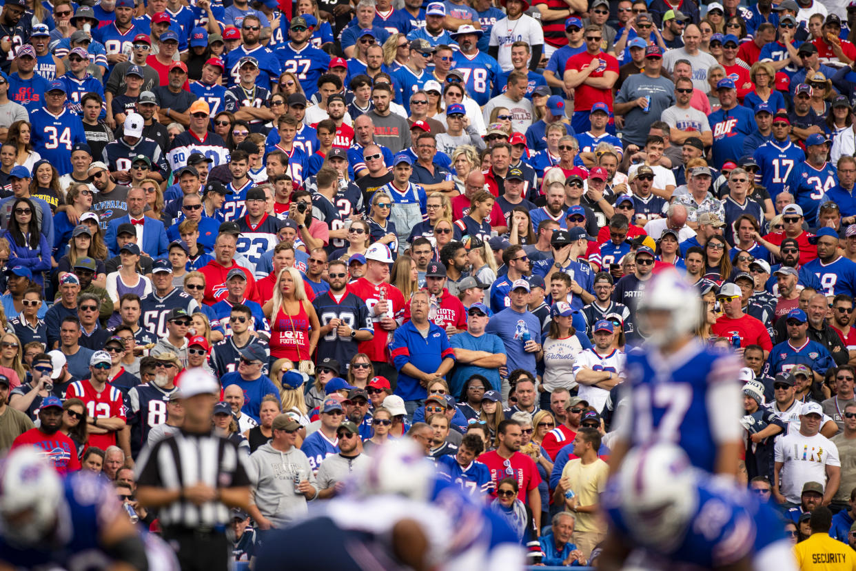 ORCHARD PARK, NY - SEPTEMBER 29:  Fans watch the game between the Buffalo Bills and the New England Patriots during the third quarter at New Era Field on September 29, 2019 in Orchard Park, New York. New England defeats Buffalo 16-10.  (Photo by Brett Carlsen/Getty Images)