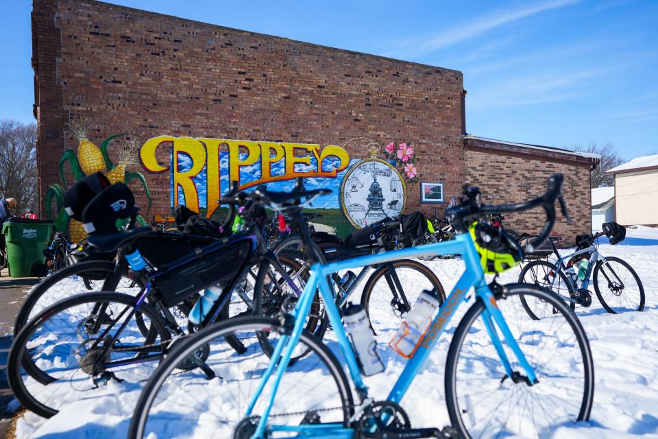 Bikes sit in the snow in Rippey, Iowa during the 46th Annual BRR Ride on Saturday, Feb. 4, 2023.