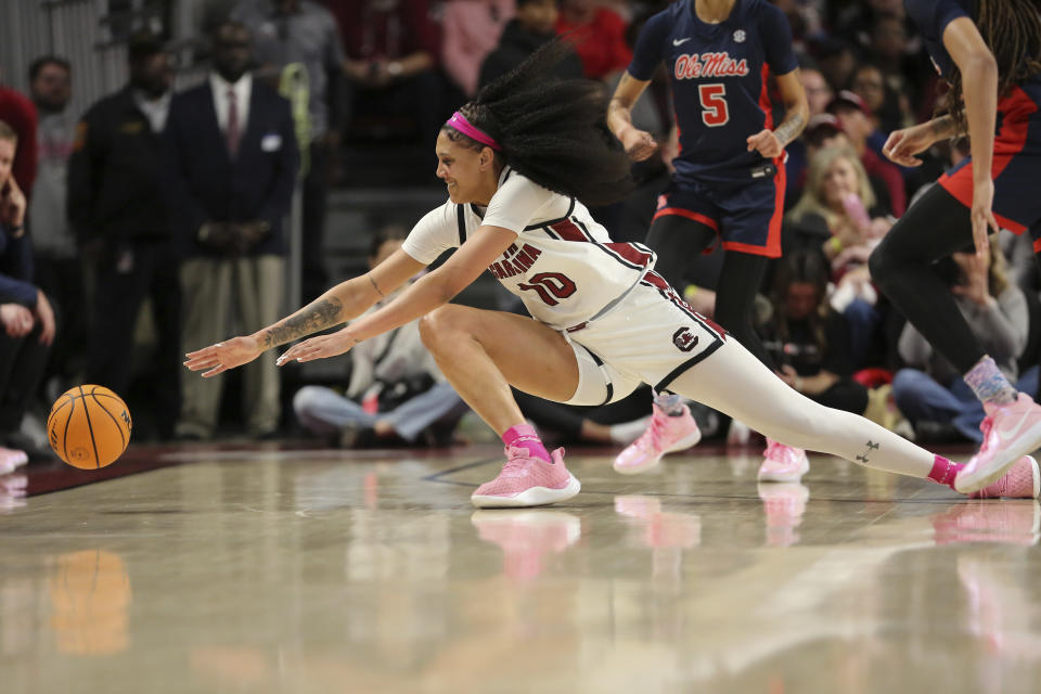 South Carolina center Kamilla Cardoso (10) dives forthe ball during the second half of an NCAA college basketball game against Mississippi, Sunday, Feb. 4, 2024, in Columbia, S.C. (AP Photo/Artie Walker Jr.)