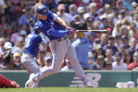 Toronto Blue Jays' Matt Chapman hits a two-run double in the third inning of a baseball game against the Boston Red Sox, Sunday, Aug. 6, 2023, in Boston. (AP Photo/Steven Senne)