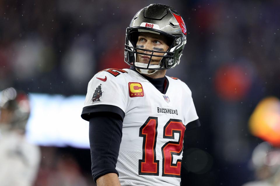 Tom Brady of the Tampa Bay Buccaneers looks on against the New England Patriots during the fourth quarter at Gillette Stadium on October 03, 2021 in Foxborough, Massachusetts.