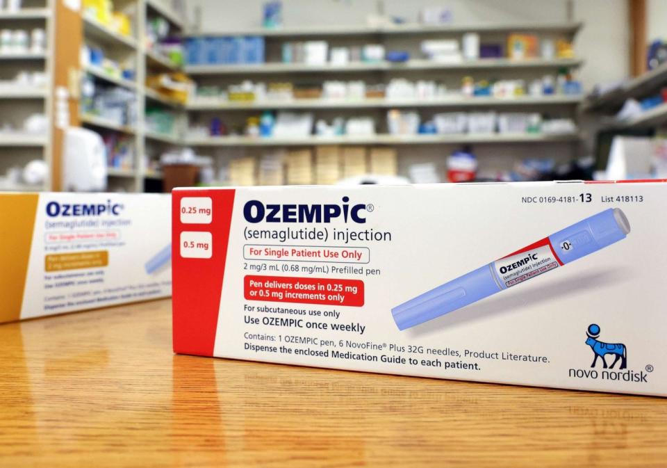 PHOTO: Boxes of the diabetes drug Ozempic rest on a pharmacy counter, Apr. 17, 2023, in Los Angeles. (Mario Tama/Getty Images)