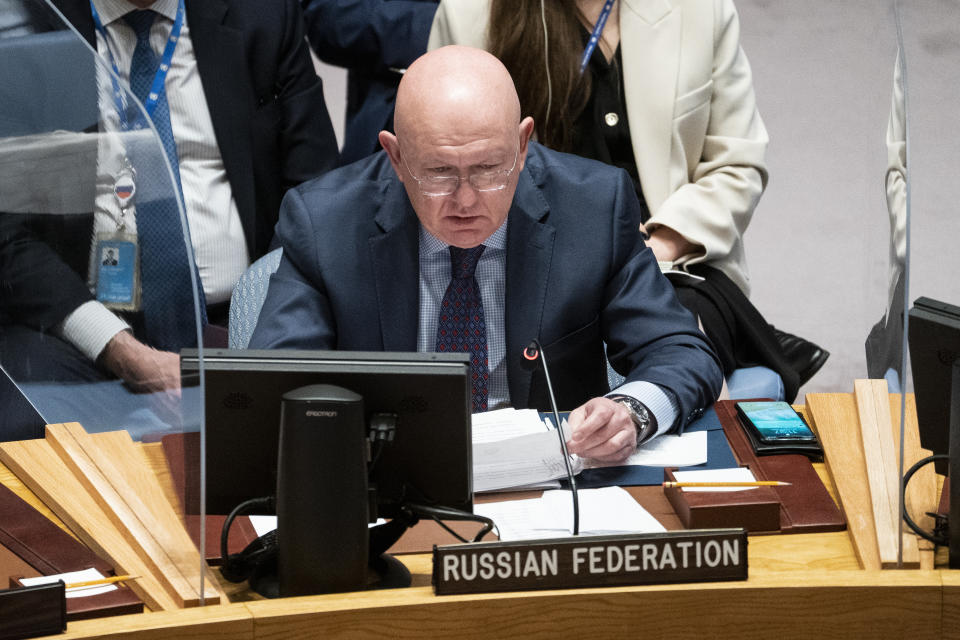 Vasily Nebenzya, Permanent Representative of Russia to the United Nations, speaks during a meeting of the U.N. Security Council on maintenance of peace and security in Ukraine, Tuesday, June 21, 2022, at United Nations headquarters. (AP Photo/John Minchillo)