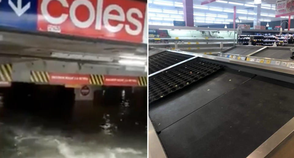 Lismore Coles flooded with water and empty Woolworths shelves. 