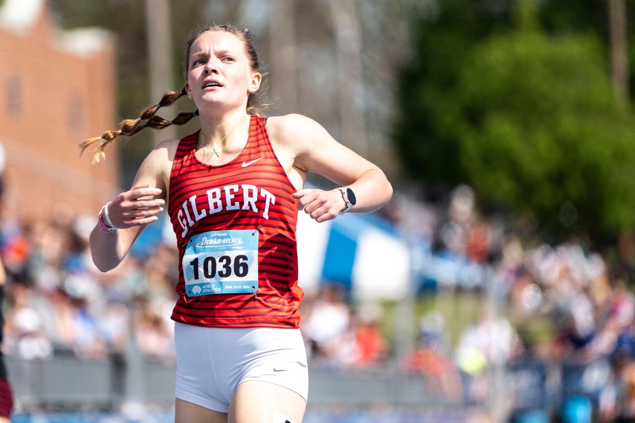 Gilbert's Clare Stahr runs in the 4x800 relay preliminary races during the Drake Relays at Drake Stadium on Saturday, April 27, 2024, in Des Moines.