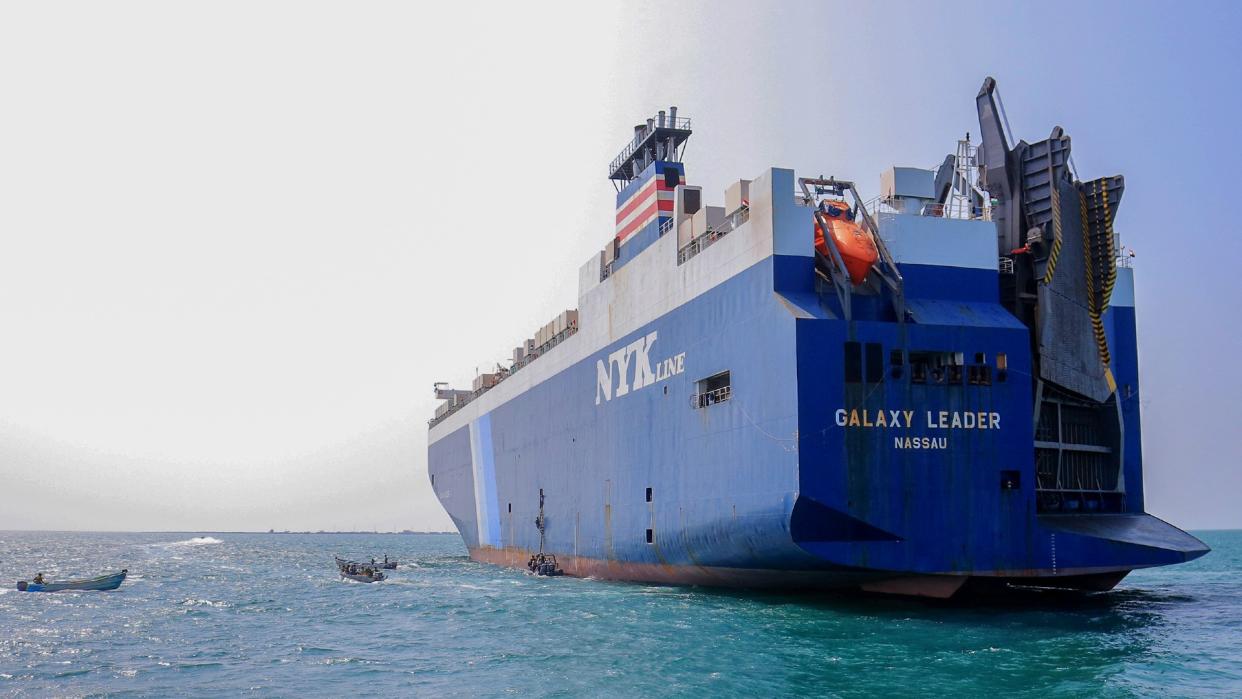  The Galaxy Leader cargo ship, seized by Houthi rebel fighters two days earlier, at a port on the Red Sea in Yemen's province of Hodeida. 