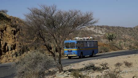 A passenger bus drives on the main highway near the town of Akordat west from Eritrea's capital Asmara, February 17, 2016. REUTERS/Thomas Mukoya