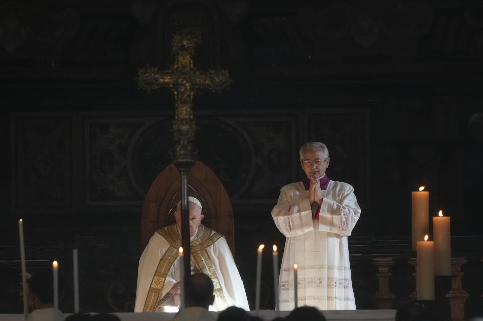 Pope Francis celebrates the holy mass in the Cathedral of Asti, northern Italy, Sunday, Nov. 20, 2022. The Pontiff returned to his father's birthplace in northern Italy on Saturday for the first time since ascending the papacy to celebrate the 90th birthday of a second cousin who long knew him as simply "Giorgio." (AP Photo/Gregorio Borgia)