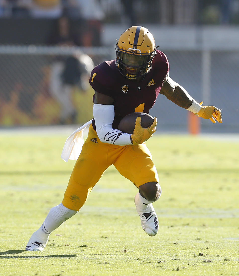 Arizona State wide receiver N'Keal Harry runs for a touchdown against Utah in the second half during an NCAA college football game against Utah, Saturday, Nov. 3, 2018, in Tempe, Ariz. (AP Photo/Rick Scuteri)