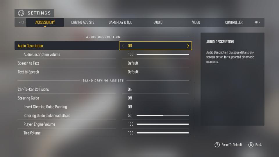 Screenshots of Forza Motorsport (2023)'s accessibility menus and settings.