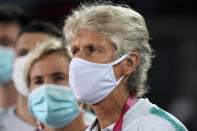 Brazil's coach Pia Sundhage watches his team prior to a women's soccer match against Netherlands at the 2020 Summer Olympics, Saturday, July 24, 2021, in Miyagi, Japan. (AP Photo/Andre Penner)