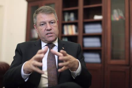 Romania's incoming President Klaus Iohannis gestures during an interview with Reuters at his campaign office in Bucharest November 25, 2014. REUTERS/Radu Sigheti