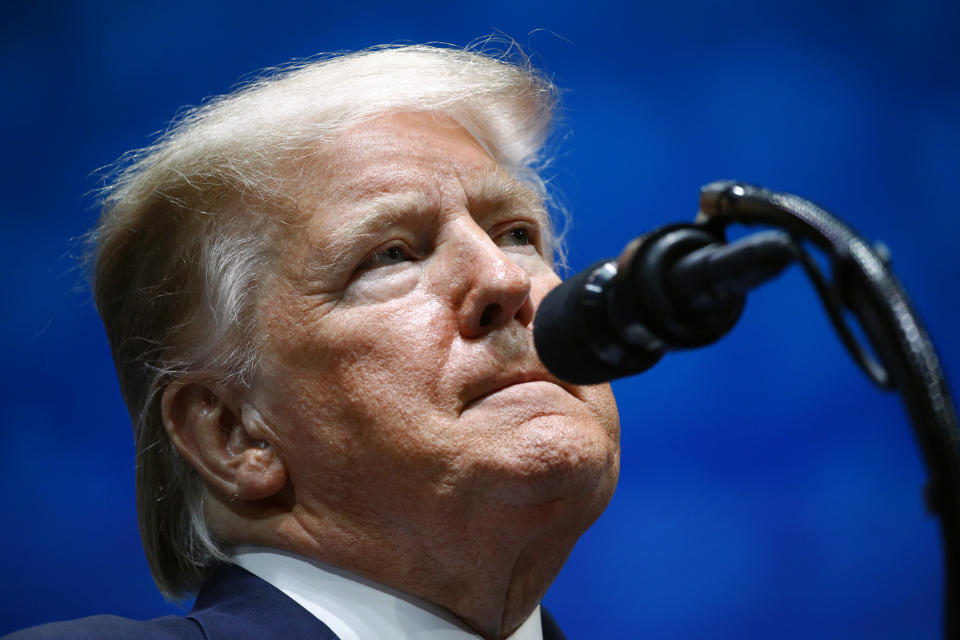 President Donald Trump speaks at the Israeli American Council National Summit in Hollywood, Fla., Saturday, Dec. 7, 2019. (AP Photo/Patrick Semansky)