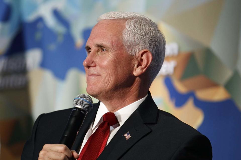 Vice President Mike Pence discusses U.S. China relations Thursday, Oct. 24, 2019, at the Wilson Center's inaugural Frederic V. Malek Public Service Leadership Lecture, in Washington. (AP Photo/Jacquelyn Martin)