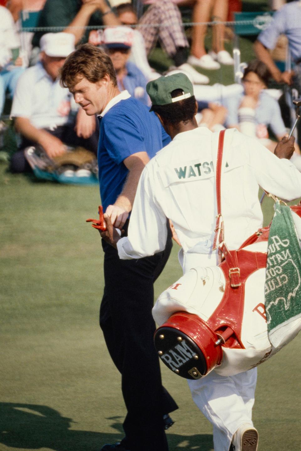 Tom Watson hands off his ball to his caddie at Augusta National on Friday, April 10, 1981.