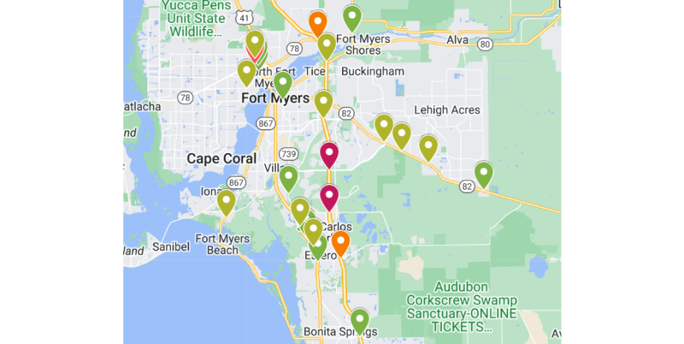 Map of Lee County intersections with most fatal crashes