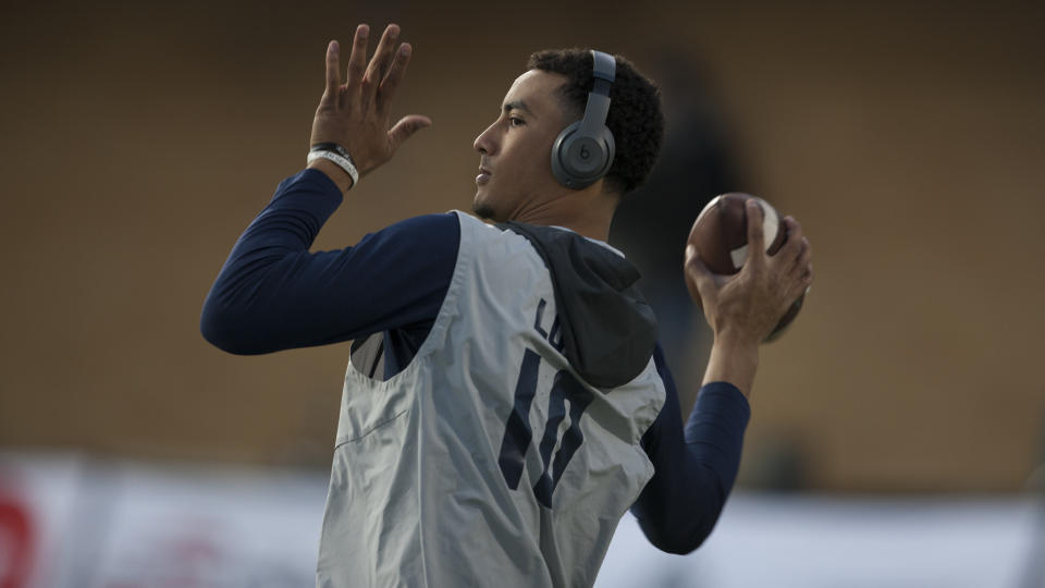 SALT LAKE CITY, UT - NOVEMBER 2 : Jordan Love #10 of the Utah State Aggies throws a pass during warmups before their game against the BYU Cougars at Maverick Stadium on November 2, 2019 in Logan, Utah. (Photo by Chris Gardner/Getty Images)