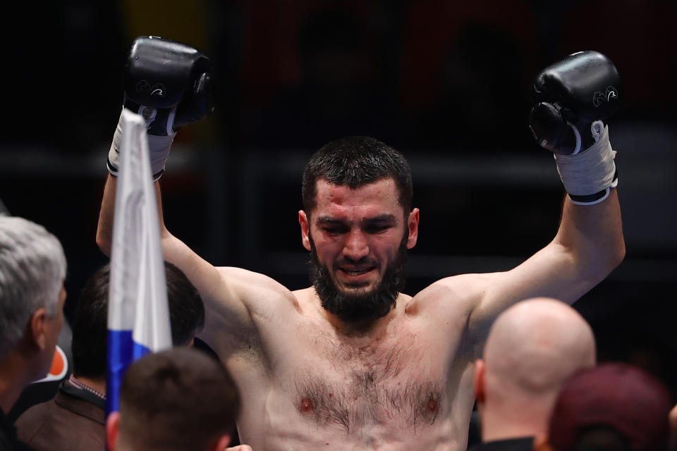 MOSCOW, RUSSIA - MARCH 20: Russian Artur Beterbiev and German Adam Deines (not seen) fight in their light heavyweight (79.3) bout at a professional boxing event at Megasport Arena, in Moscow, Russia on March 20, 2021. Beterbiev retains his WBC and IBF light-heavyweight titles. (Photo by Sefa Karacan/Anadolu Agency via Getty Images)