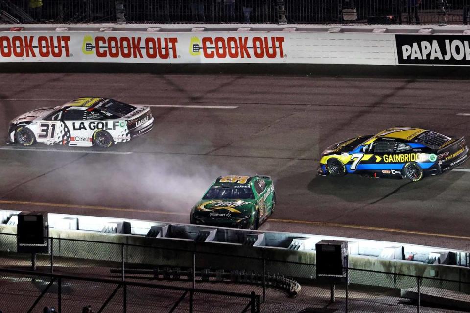 Mar 31, 2024; Richmond, Virginia, USA; NASCAR Cup Series driver Daniel Suarez (99) wrecks during the Toyota Owners 400 at Richmond Raceway.