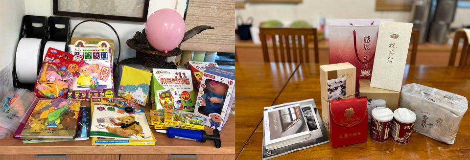 （左圖）小朋友入院後，社會服務室為他們四處張羅童書與玩具，讓他們安心在病房不吵鬧。（右圖）「安心防疫包」內有證嚴法師信函。