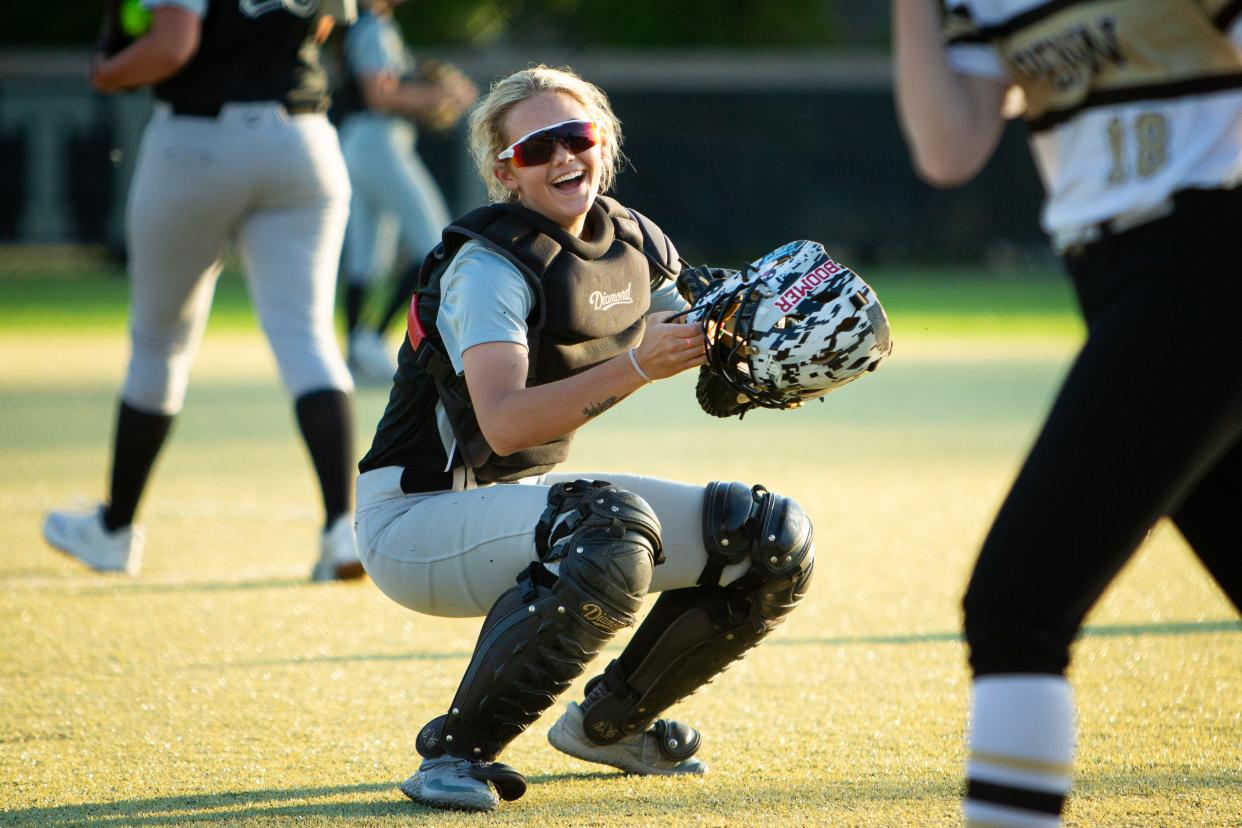 Saint Joseph senior Riley Zache (8) gets up after missing a diving infield catch during a high school softball game between Saint Joseph and Penn on Monday, May 6, 2024, at Penn High School in Mishawaka. Penn won 8-2.