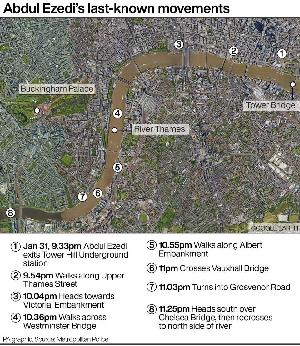 Abdul Ezedi's last-known movements. See story POLICE Corrosive. Infographic PA Graphics. An editable version of this graphic is available if required. Please contact graphics@pamediagroup.com