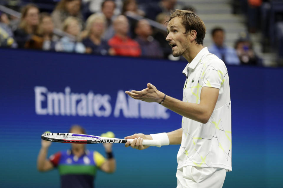 Daniil Medvedev, of Russia, reacts during the men's singles semifinals against Grigor Dimitrov, of Bulgaria, at the U.S. Open tennis championships Friday, Sept. 6, 2019, in New York. (AP Photo/Adam Hunger)