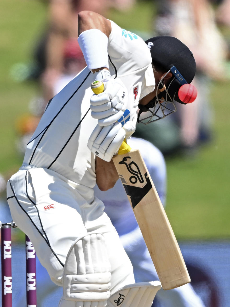 New Zealand's Neil Wagner is struck by a delivery from England on the fourth day of their cricket test match in Tauranga, New Zealand, Sunday, Feb. 19, 2023. (Andrew Cornaga/Photosport via AP)