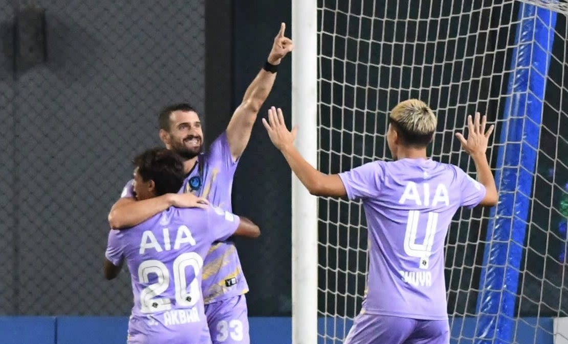 Tampines Rovers' Milos Zlatkovic (centre) celebrates scoring against Geylang International in their 2023 Singapore Cup Group A match. (PHOTO: Singapore Premier League)