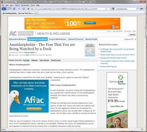 Das amerikanische Versicherungsunternehmen "Aflac" hätte sich bestimmt auch einen anderen Platz für seine Online-Werbung gewünscht. Hier prangt das Logo inklusive großem Entenkopf neben einem Artikel, der sich mit Anatidaephobie beschäftigt - der Angst, von Enten beobachtet zu werden.