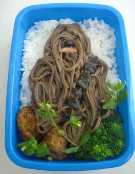 Laugh it up, fuzzball! Using noodles to represent Chewbacca's shaggy fur is a stroke of genius. <a href="http://www.geekologie.com/2011/05/on-this-34th-anniversary-of-star-wars-be.php" rel="nofollow noopener" target="_blank" data-ylk="slk:Via Geekologie.com;elm:context_link;itc:0;sec:content-canvas" class="link ">Via Geekologie.com</a>.