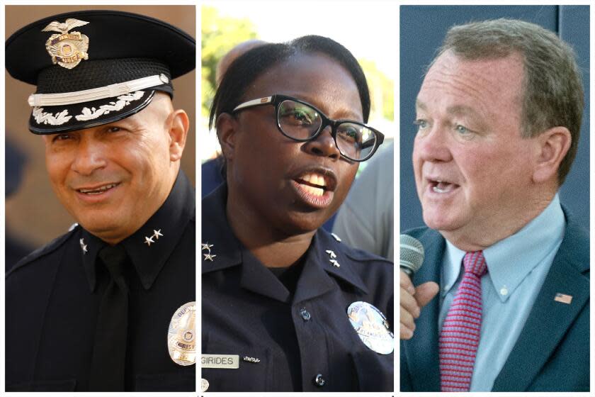 From left, LAPD Deputy Chief Robert Arcos as he assists Chief Charlie Beck conducting his last formal inspection as LAPD Chief of Central Area Police Officers at Central Area Police Station on May 7, 2017. LAPD Deputy Chief Emada Tingirides, who joined the Watts Gang Task Force, community leaders and elected officials to call for an end to gun violence in Watts in front of Watts City Hall on August 1, 2023. Former Los Angeles County Sheriff Jim McDonnell, right, talks about why he supports Los Angeles mayoral candidate Rick Caruso, 2nd from left, during a campaign event in Encino. (Al Seib / Los Angeles Times, Genaro Molina / Los Angeles Times and Mel Melcon / Los Angeles Times)