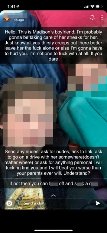 A boy threatening violence to anyone who contacts or messages his girlfriend