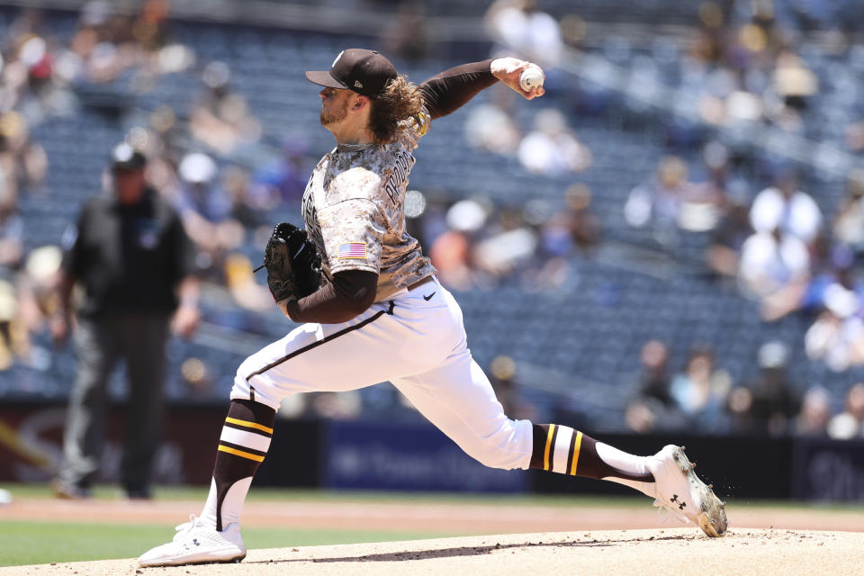 San Diego Padres starting pitcher Chris Paddack works in the first inning of a baseball game against the New York Mets Sunday, June 6, 2021, in San Diego. (AP Photo/Derrick Tuskan)