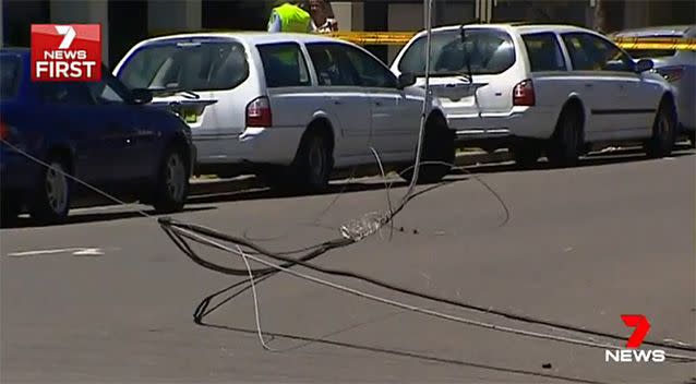 The driver and passenger were stuck in the truck until emergency crews could safely clear the live wires. Photo: 7 News