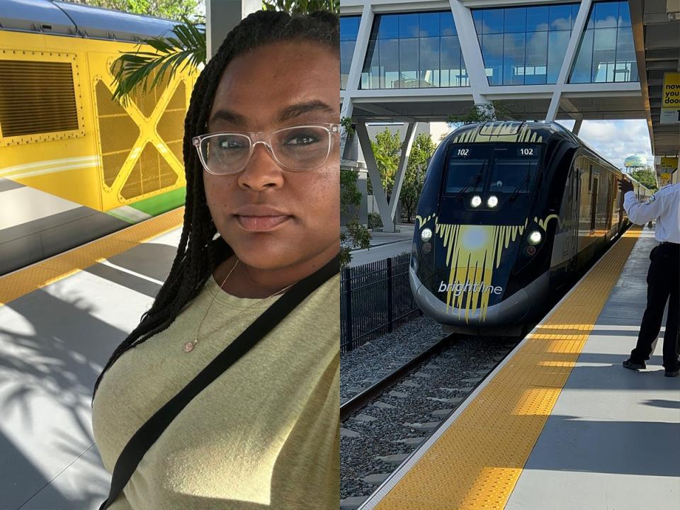 ronny at train station next to photo of brightline train at stop