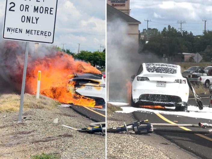 Bishal Malla&#39;s white Tesla, which is parked on the side of the highway, bursting into flames.