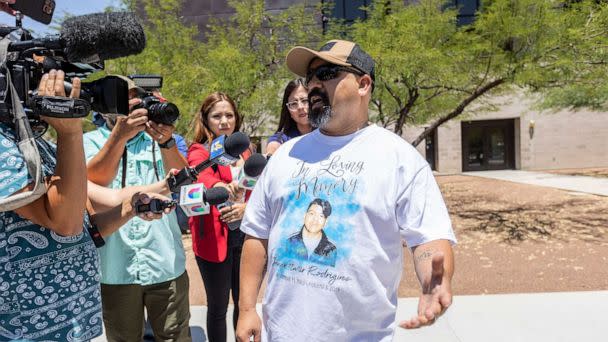 PHOTO: Francisco Javier Rodriguez, father of El Paso Walmart shooting victim Javier Amir Rodriguez, speaks to the medianat the Albert Armendariz Federal Courthouse during sentencing for the shooter on July 6, 2023, in El Paso, Texas. (Gaby Velasquez/El Paso Times via USA Today Network)