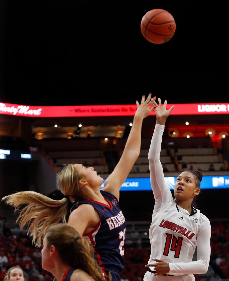Louisville’s Kianna Smith goes up for two against Belmont’s Tessa Miller.Dec. 5, 2021