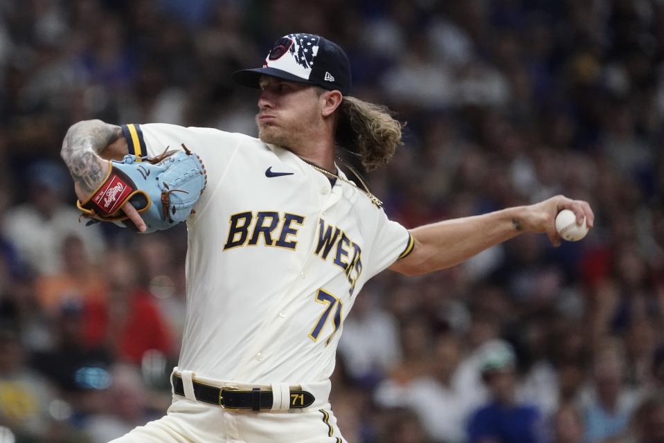 Milwaukee Brewers' Josh Hader throws during the ninth inning of a baseball game against the Chicago Cubs Monday, July 4, 2022, in Milwaukee. (AP Photo/Morry Gash)