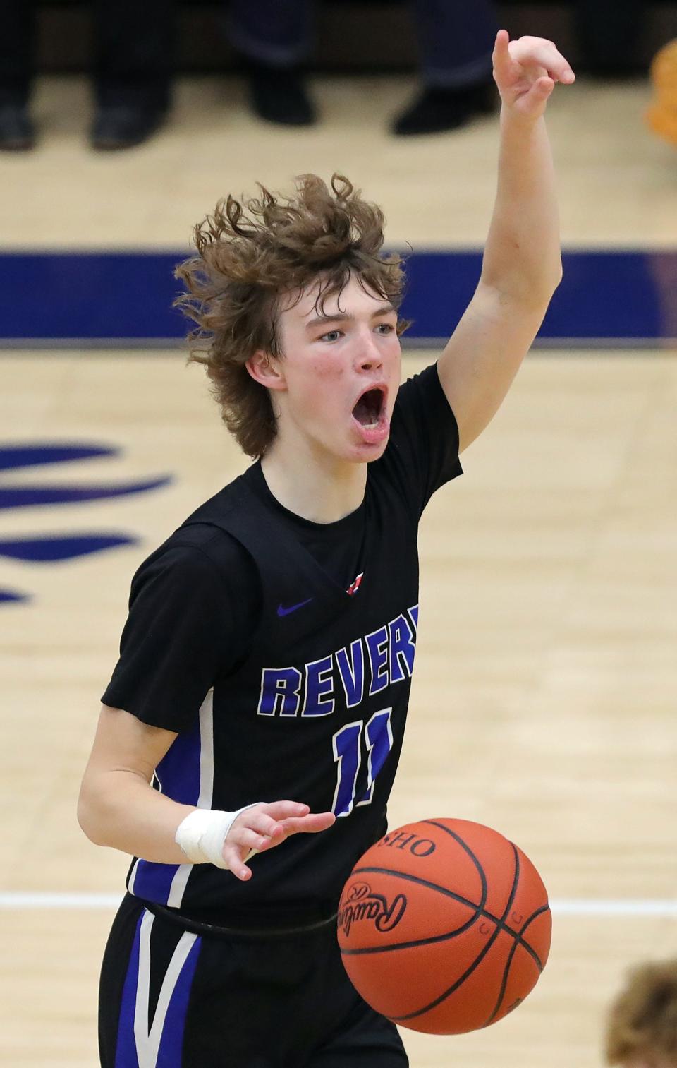 Revere's Conner Groce celebrates as the Minutemen win at Copley, Friday, Jan. 26, 2024.