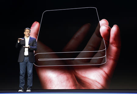 Justin Denison, Samsung Electronics senior vice president of Mobile Product Marketing, speaks during the unveiling of Samsung's new foldable screen smart phone, during the Samsung Developers Conference in San Francisco, California, U.S., November 7, 2018. REUTERS/Stephen Lam