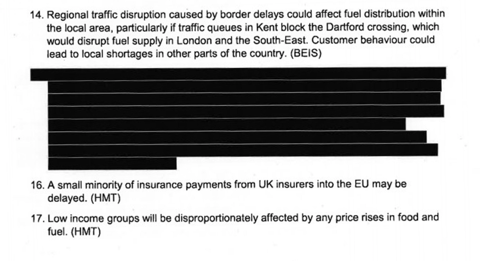 The redacted paragraph in Operation Yellowhammer deals with fuel shortages, according to a leaked version of the document (PA)
